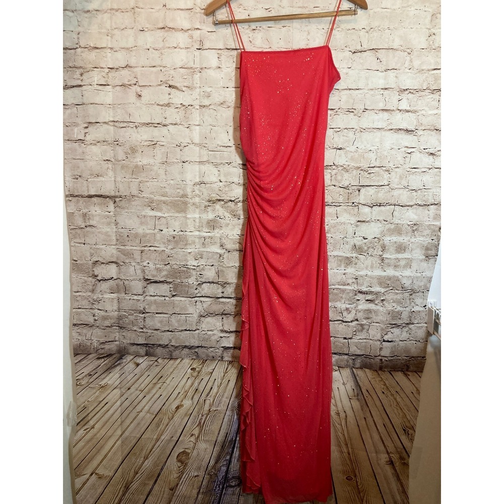 Vintage City Triangles Y2K Dress Medium Coral Sparkle Ruffle Ruched Maxi Dress